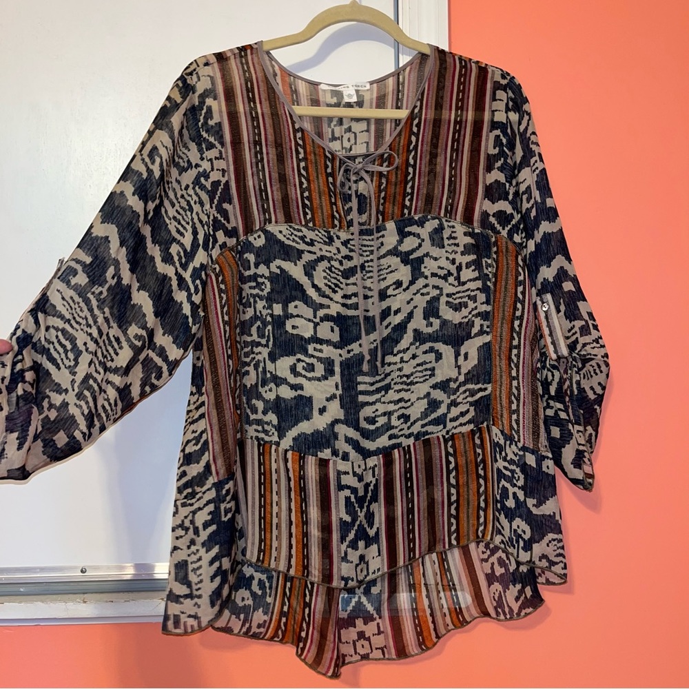Burning Torch Silk Tunic Blouse Mixed Print And Crochet